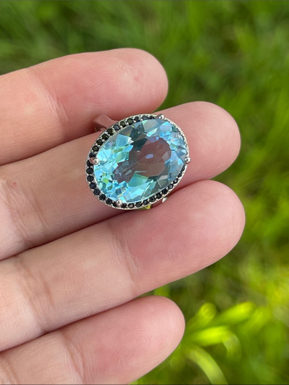 Large Natural Swiss Blue Topaz & Sapphire Accesbt Halo Ring 925 Silver Size 6